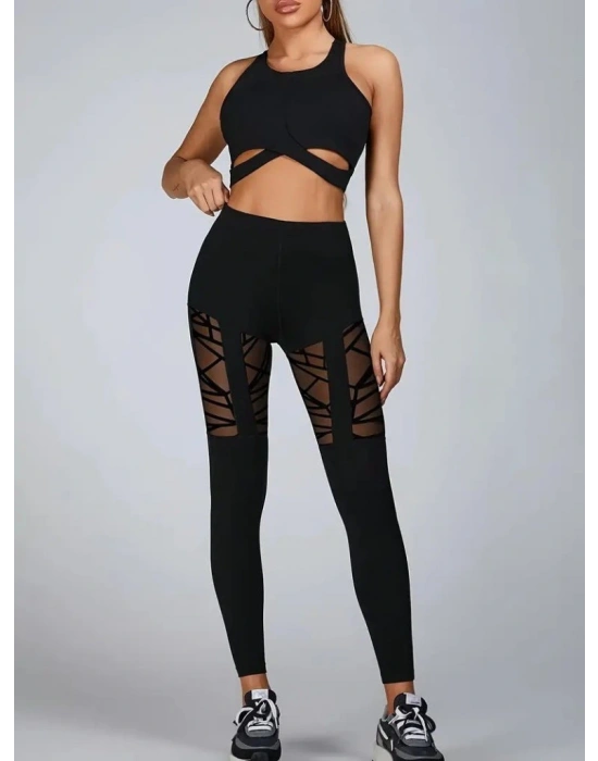 Kadın Yüksek Bel Tül Detaylı Spor Tayt