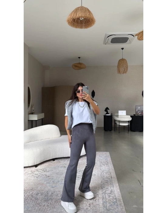 Kadın Yüksek Bel üet Kumaş Ispanyol Paça Detay Pantolon