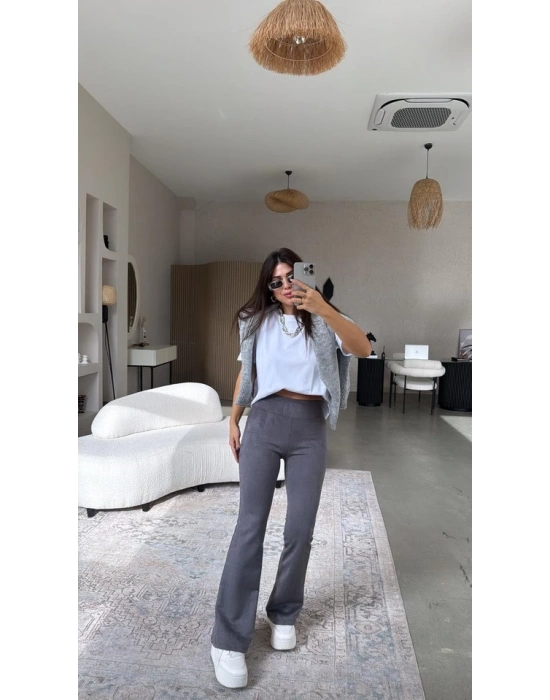 Kadın Yüksek Bel üet Kumaş Ispanyol Paça Detay Pantolon