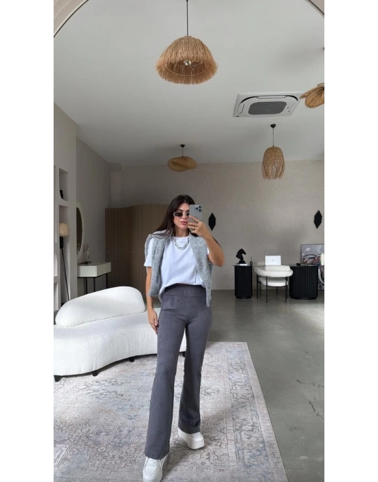 Kadın Yüksek Bel üet Kumaş Ispanyol Paça Detay Pantolon