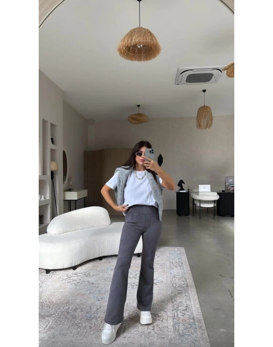 Kadın Yüksek Bel üet Kumaş Ispanyol Paça Detay Pantolon