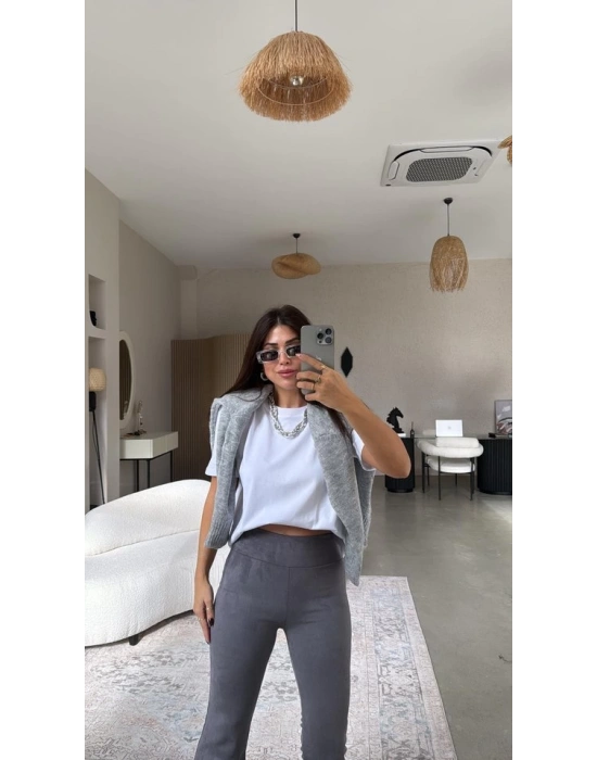 Kadın Yüksek Bel üet Kumaş Ispanyol Paça Detay Pantolon