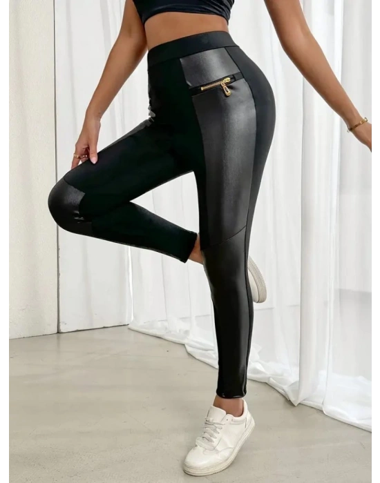 Kadın Yüksek Bel Yan şerit Deri Detay Fermuarlı Dalgıç Tayt