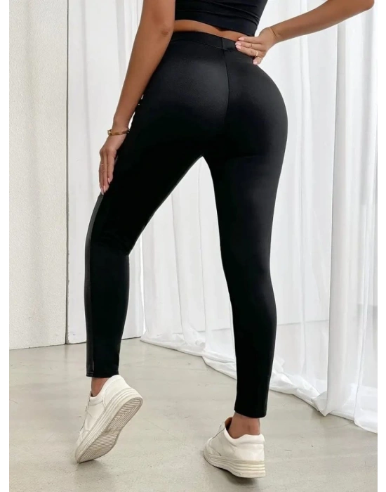 Kadın Yüksek Bel Yan şerit Deri Detay Fermuarlı Dalgıç Tayt