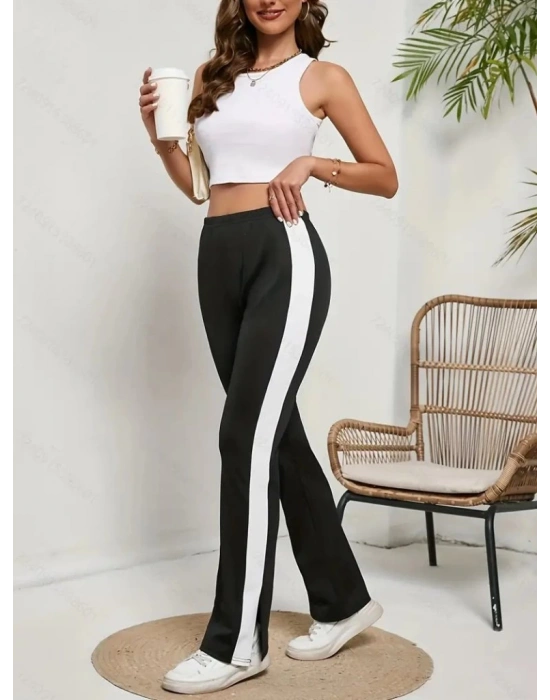 Kadın Yüksek Bel Yan şerit Detaylı Yırtmaçlı Viskon Iki Iplik Pantolon