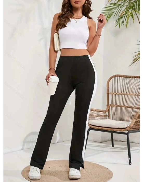 Kadın Yüksek Bel Yan şerit Detaylı Yırtmaçlı Viskon Iki Iplik Pantolon