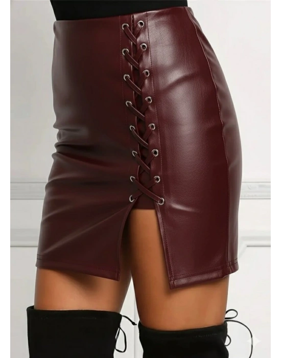 Kadın Yüksek Bel Yandan çapraz Bağcıklı Yırtmaçlı Mini Deri Etek