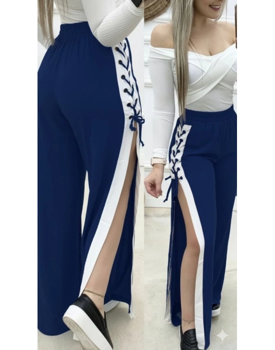 Kadın Yüksek Bel Yandan çapraz Bağcıklı Yırtmaçlı Viskon Iki Iplik Pantolon