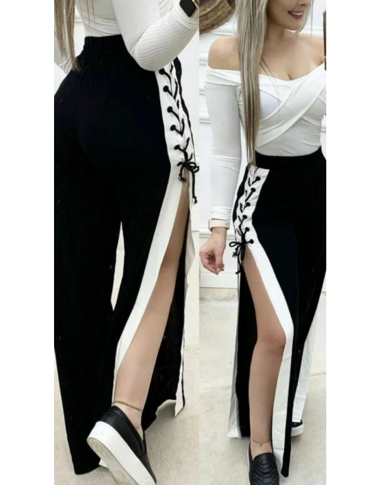 Kadın Yüksek Bel Yandan çapraz Bağcıklı Yırtmaçlı Viskon Iki Iplik Pantolon