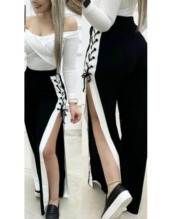 Kadın Yüksek Bel Yandan çapraz Bağcıklı Yırtmaçlı Viskon Iki Iplik Pantolon