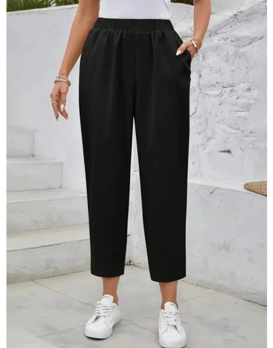 Kadın Yüksek Bel Yandan Cepli Düğme Detaylı Geniş Kesim Ithal Krep Pantolon