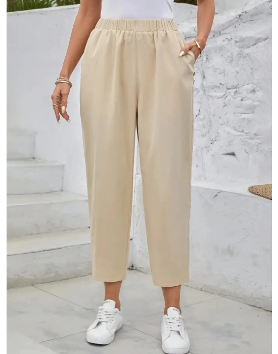 Kadın Yüksek Bel Yandan Cepli Düğme Detaylı Geniş Kesim Ithal Krep Pantolon