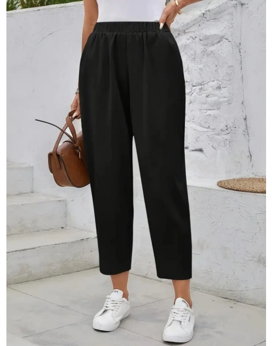 Kadın Yüksek Bel Yandan Cepli Düğme Detaylı Geniş Kesim Ithal Krep Pantolon