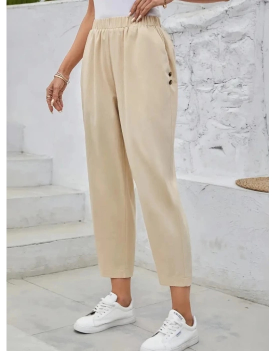 Kadın Yüksek Bel Yandan Cepli Düğme Detaylı Geniş Kesim Ithal Krep Pantolon