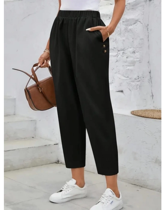 Kadın Yüksek Bel Yandan Cepli Düğme Detaylı Geniş Kesim Ithal Krep Pantolon