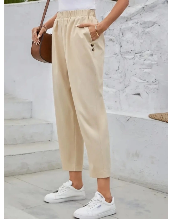 Kadın Yüksek Bel Yandan Cepli Düğme Detaylı Geniş Kesim Ithal Krep Pantolon