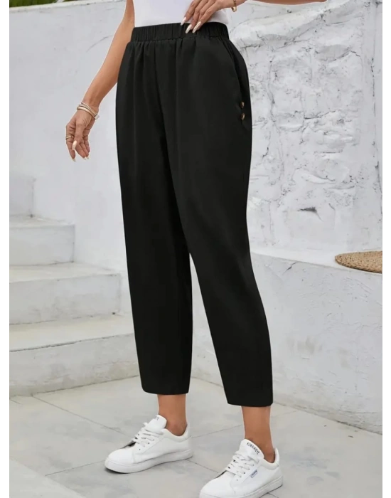 Kadın Yüksek Bel Yandan Cepli Düğme Detaylı Geniş Kesim Ithal Krep Pantolon