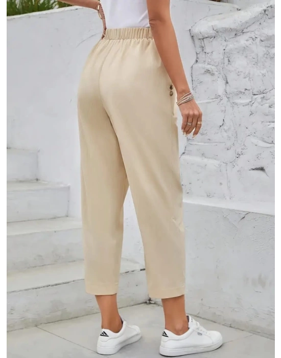 Kadın Yüksek Bel Yandan Cepli Düğme Detaylı Geniş Kesim Ithal Krep Pantolon