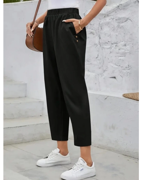 Kadın Yüksek Bel Yandan Cepli Düğme Detaylı Geniş Kesim Ithal Krep Pantolon