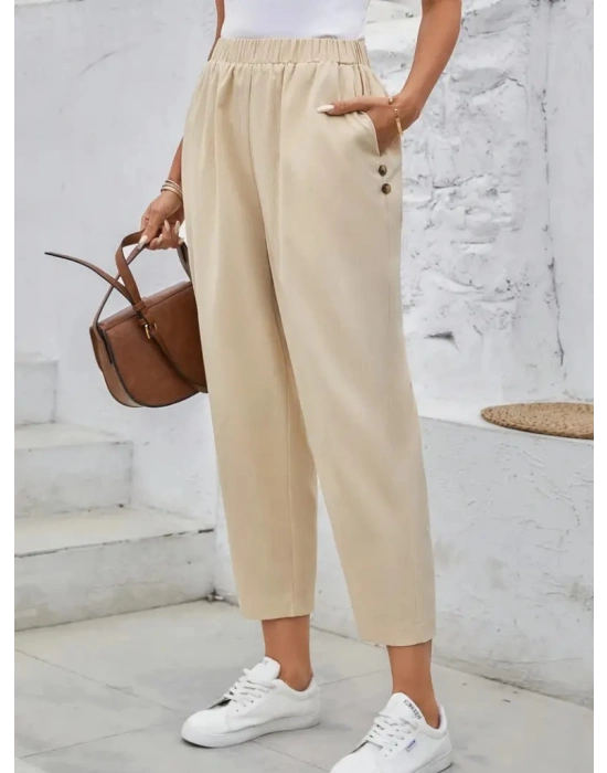 Kadın Yüksek Bel Yandan Cepli Düğme Detaylı Geniş Kesim Ithal Krep Pantolon