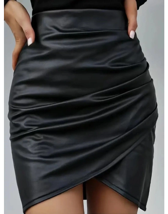 Kadın Yüksek Bel Yandan Fermuarlı Pileli Mini Deri Etek