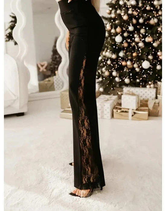 Kadın Yüksek Bel Yanlardan Dantelli Paçaya Doğru Geniş Kesim Detaylı Ithal Krep Pantolon