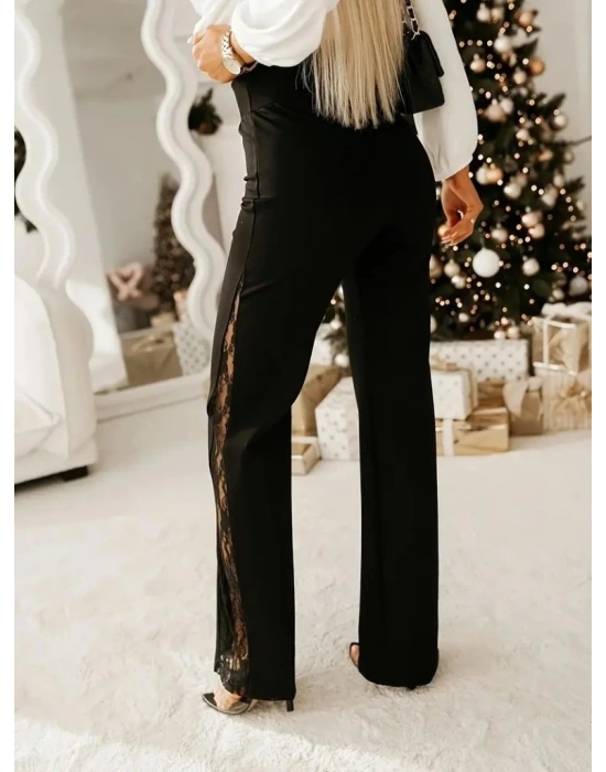 Kadın Yüksek Bel Yanlardan Dantelli Paçaya Doğru Geniş Kesim Detaylı Ithal Krep Pantolon