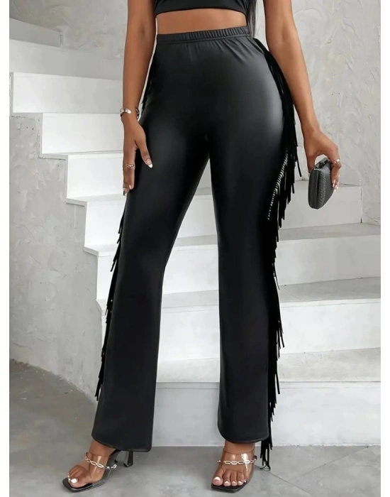 Kadın Yüksek Bel Yanlardan Püsküllü Deri Pantolon