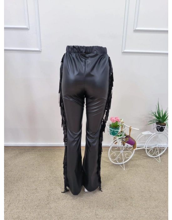 Kadın Yüksek Bel Yanlardan Püsküllü Deri Pantolon