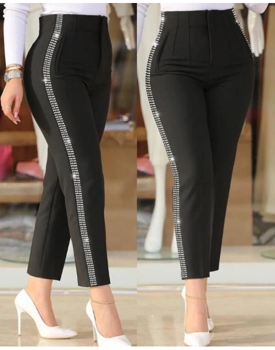 Kadın Yüksek Bel Yanlardan Taş Detaylı Ithal Krep Pantolon