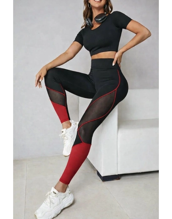 Kadın Yüksek Bel Yanlardan Tül Detaylı çift Renkli Spor Dalgıç Tayt