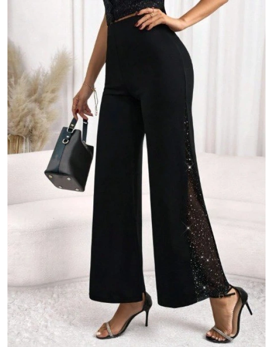 Kadın Yüksek Bel Yanlardan Tül Detaylı Ithal Krep Pantolon