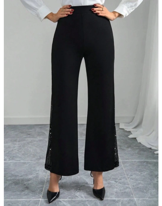 Kadın Yüksek Bel Yanlardan Tül Detaylı Ithal Krep Pantolon