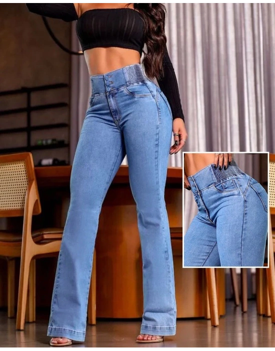 Kadın Yüksek Bel Yanları Lastik önü Düğmeli Kot Pantolon