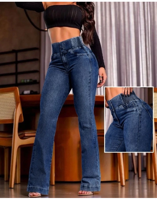 Kadın Yüksek Bel Yanları Lastik önü Düğmeli Kot Pantolon