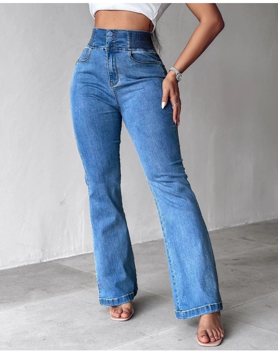 Kadın Yüksek Bel Yanları Lastik önü Düğmeli Kot Pantolon