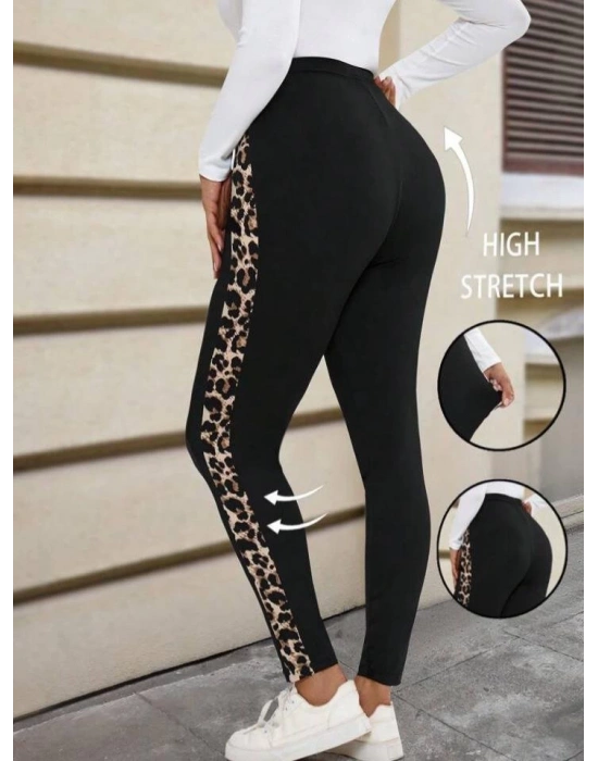 Kadın Yüksek Bel Yanları Leopar şerit Detay Dalgıç Tayt