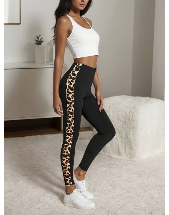 Kadın Yüksek Bel Yanları Leopar şerit Detay Dalgıç Tayt