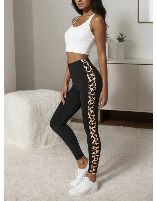 Kadın Yüksek Bel Yanları Leopar şerit Detay Dalgıç Tayt