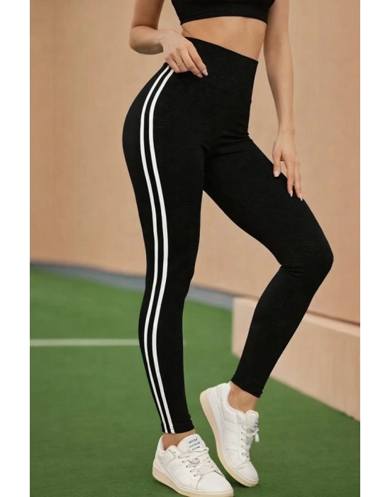 Kadın Yüksek Bel Yanları şerit Detaylı Uzun Sporcu Tayt
