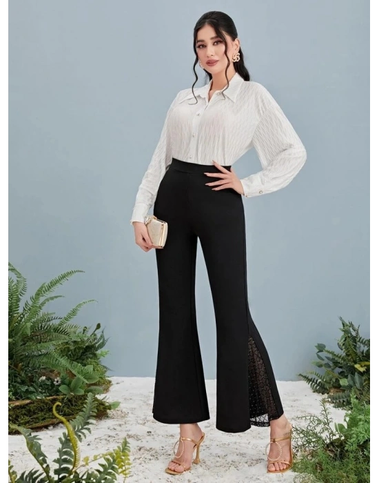 Kadın Yüksek Bel Yanları Tül Detaylı Dalgıç Tayt Pantolon