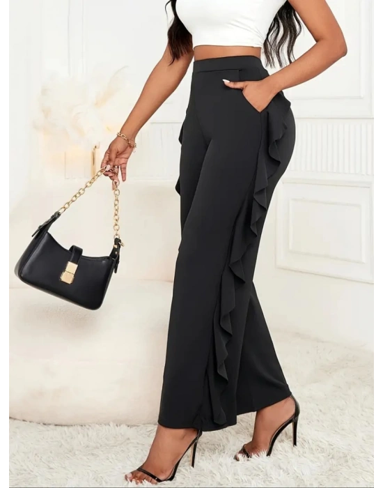 Kadın Yüksek Bel Yanları Volanlı Cepli Sandy Pantolon