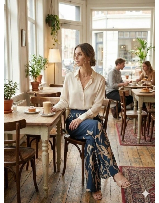 Kadın Yüksek Bel Yaprak Desenli Salaş Pantolon