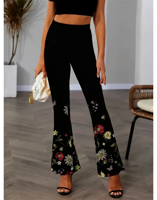 Kadın Yüksek Belli çiçek Desenli Ispanyol Paçalı Dalgıç Tayt Pantolon