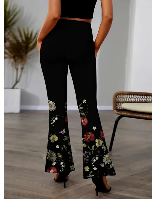 Kadın Yüksek Belli çiçek Desenli Ispanyol Paçalı Dalgıç Tayt Pantolon