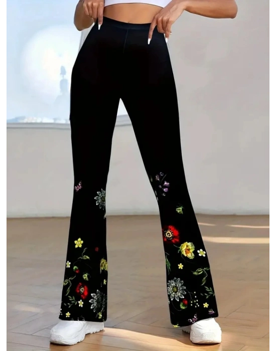 Kadın Yüksek Belli çiçek Desenli Ispanyol Paçalı Dalgıç Tayt Pantolon
