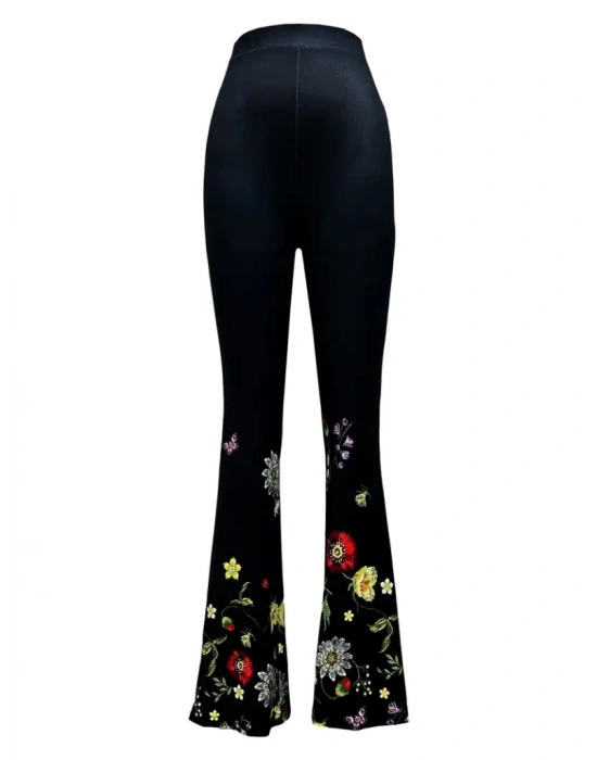 Kadın Yüksek Belli çiçek Desenli Ispanyol Paçalı Dalgıç Tayt Pantolon