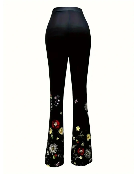 Kadın Yüksek Belli çiçek Desenli Ispanyol Paçalı Dalgıç Tayt Pantolon