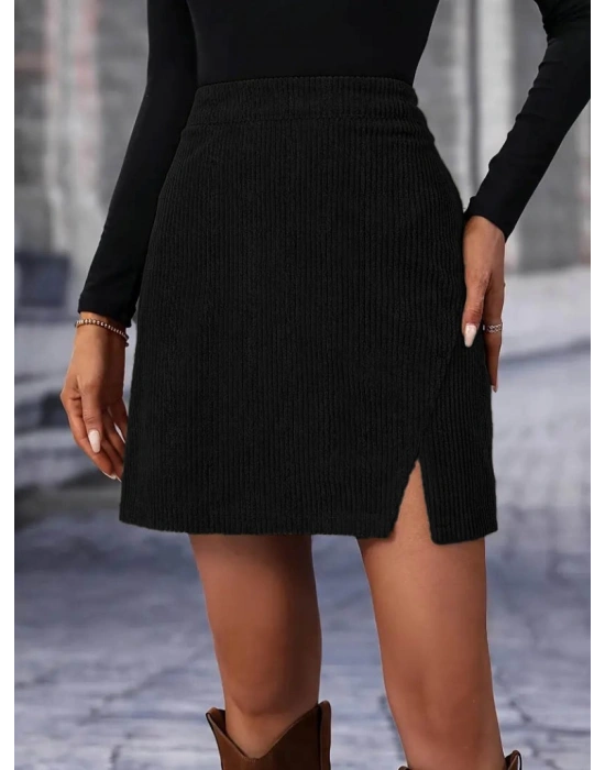 Kadın Yüksek Belli Etek Ucu Asimetrik Yırtmaç Detay Kadife Mini Etek