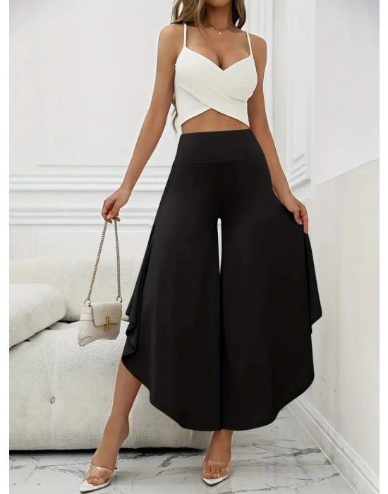 Kadın Yüksek Belli Geniş Paçalı Yanlardan Açık Sandy Pantolon